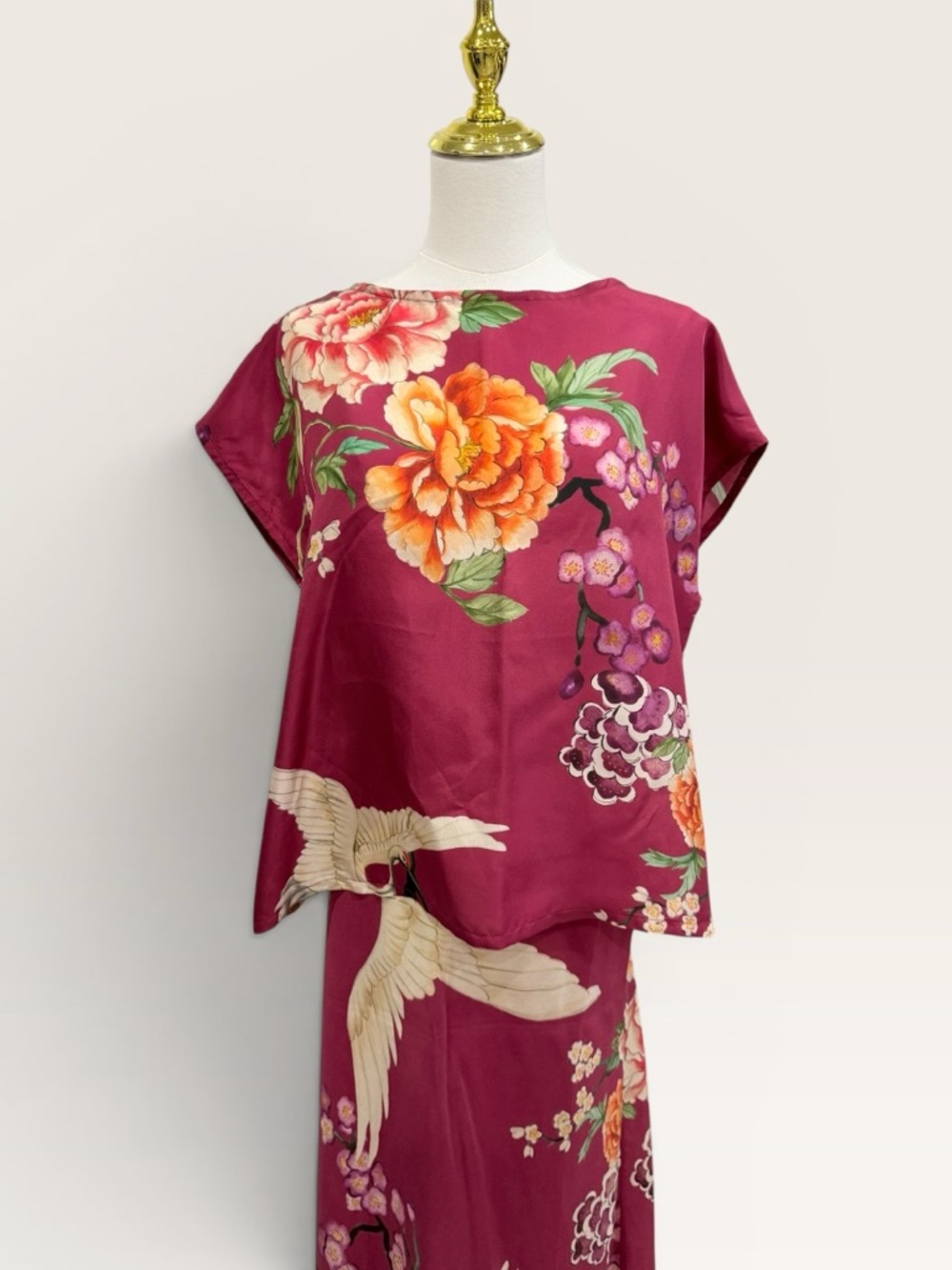 Bryn Walker NWT XXS Burgundy Silk Crane Floral  Print Skirt & Top Set $360 - Picture 6 of 16
